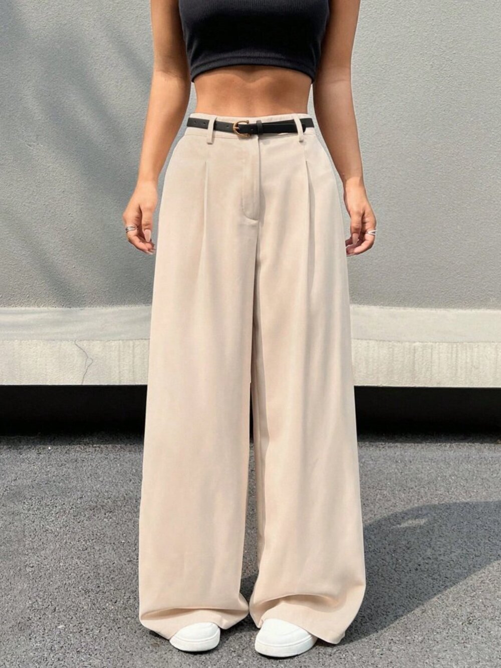 Beige Casual Women's Pleated High Waist Belted Wide Leg & Pants - Picture 5 of 6